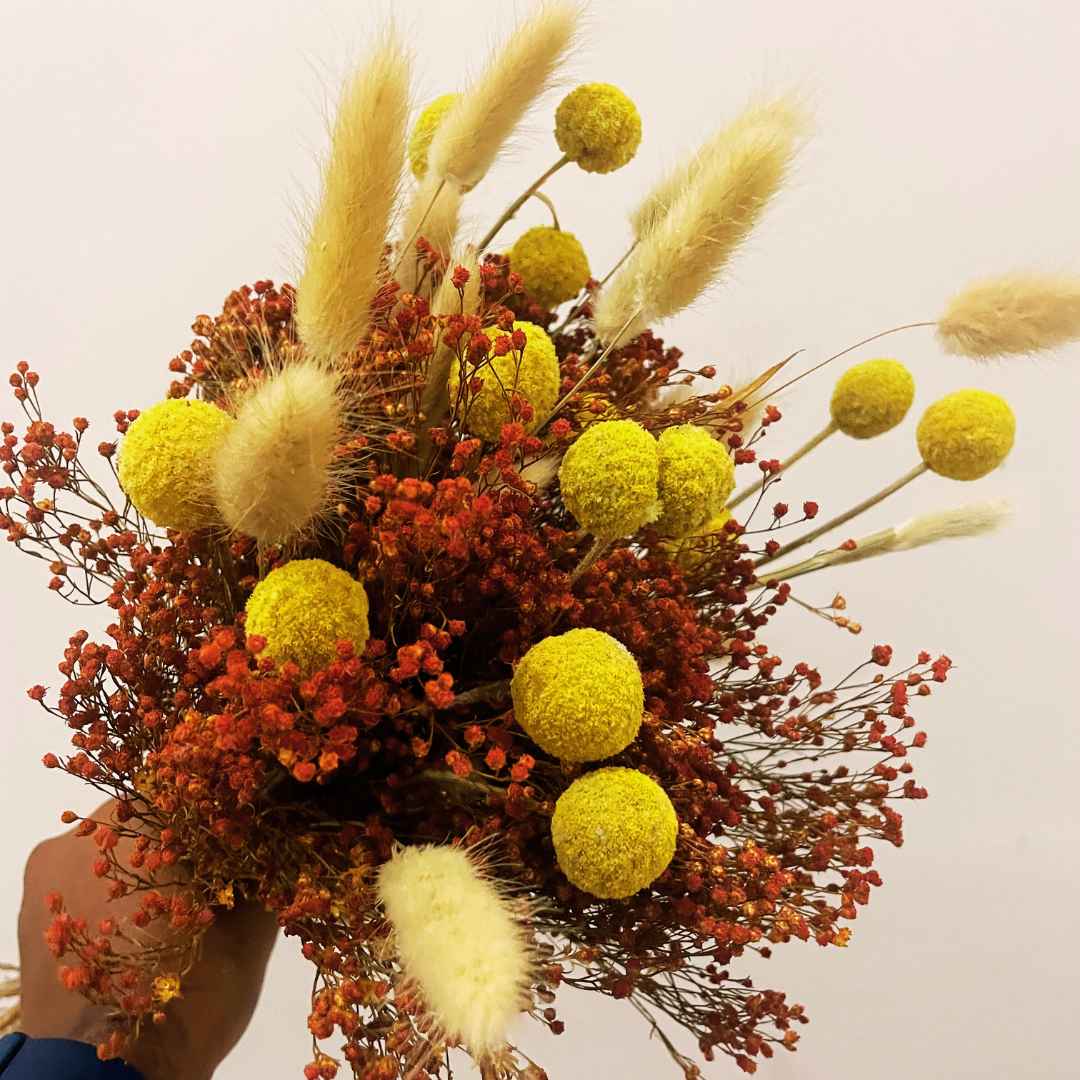 Composition Broom Bloom Orange, Craspedia jaune, Queue de lapin 2